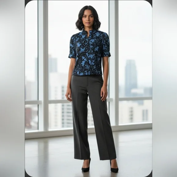 WHO WHAT WEAR Black & Light Blue Abstract Floral Button Down Blouse Size Large - Picture 3 of 15